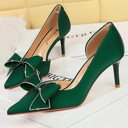 Large Size 43 Women Pumps Bowknot Kitten Heels Silk Satin Ladies Shoes Stilettos Women 7cm Heels BIGTREE Shoes Sexy High Heels