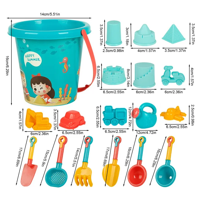 Beach Sand Toys Set 18 PCS Travel Beach Toys Kids Beach Toys Set With Sand Rake Watering Can Bucket Shovels Rakes Models 6