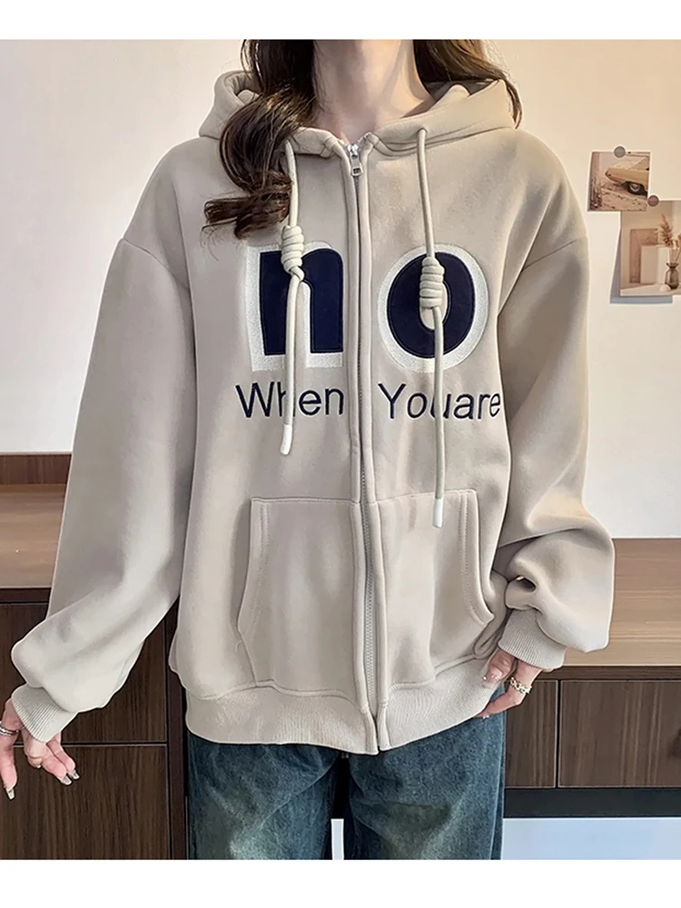 Vintage Womens Zip Up Hoodies Embroidered Letter Long Sleeve Sweatshirts Fall Outfits Oversized Sweaters Casual Fashion Jackets