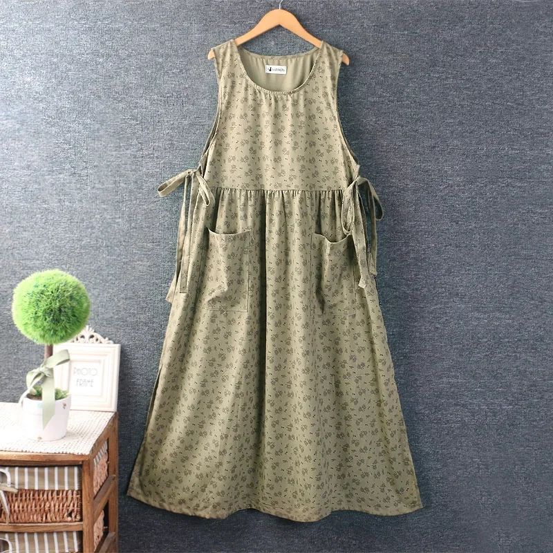 

Women's Japanese Style Mori Girl Floral Printed Vintage Dress, Sleeveless, O-neck, Large Pockets, Casual Loose Dresses, Summer