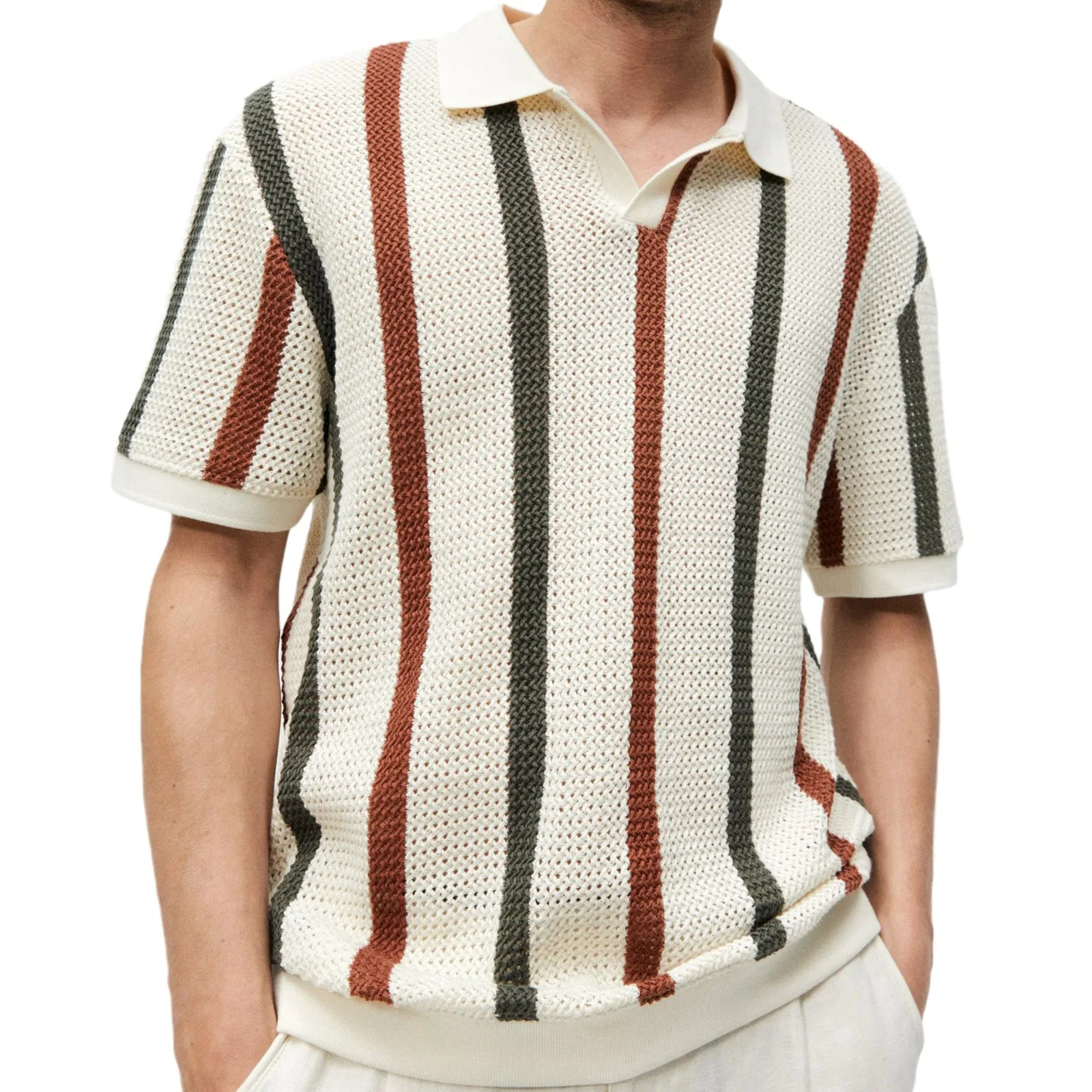 Men's Knit Shirt with Thick Needled Summer V-Neck Polo Shirt Solid Color Woolen Breathable Casual Clothing Short Sleeve
