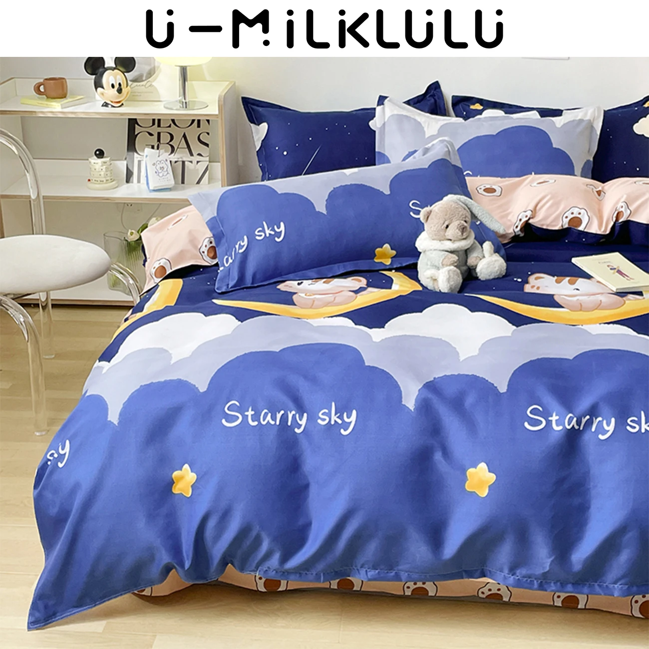 

Cute Cat AB Two-sided Comforter Queen King Bedding Set Bed Sheets and Pillowcases Luxury Blue Sky Cartoon Duvet Cover Set 180