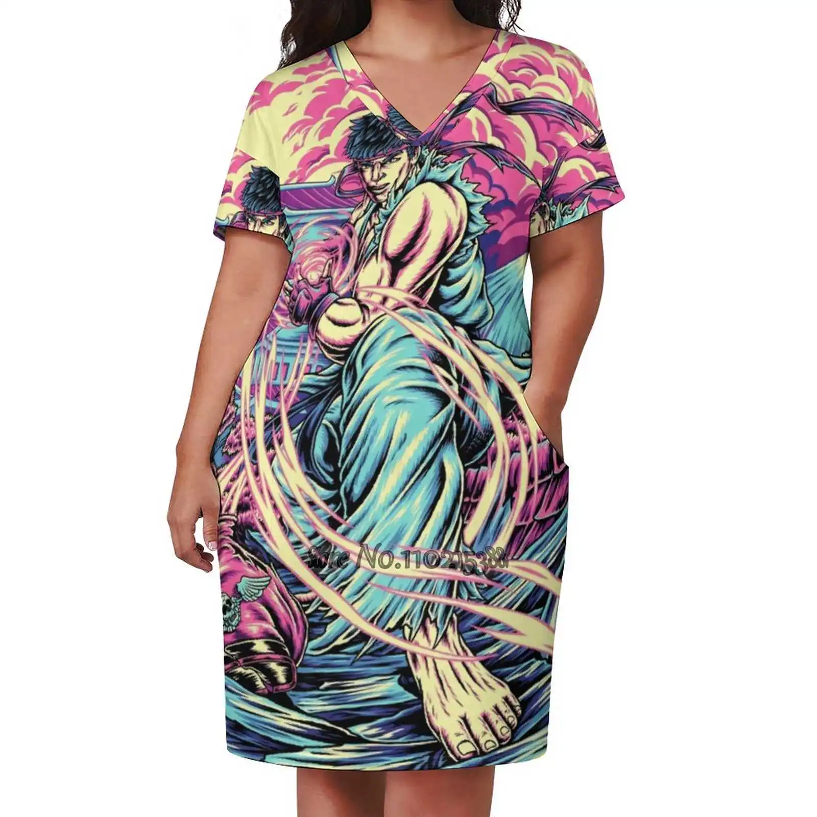 The Fighter Abito Manica Corta Con Scollo A V Gonna A Trapezio Abbigliamento Donna Office Lady Gonna Elegante Ryu Fighter Retrogames Game