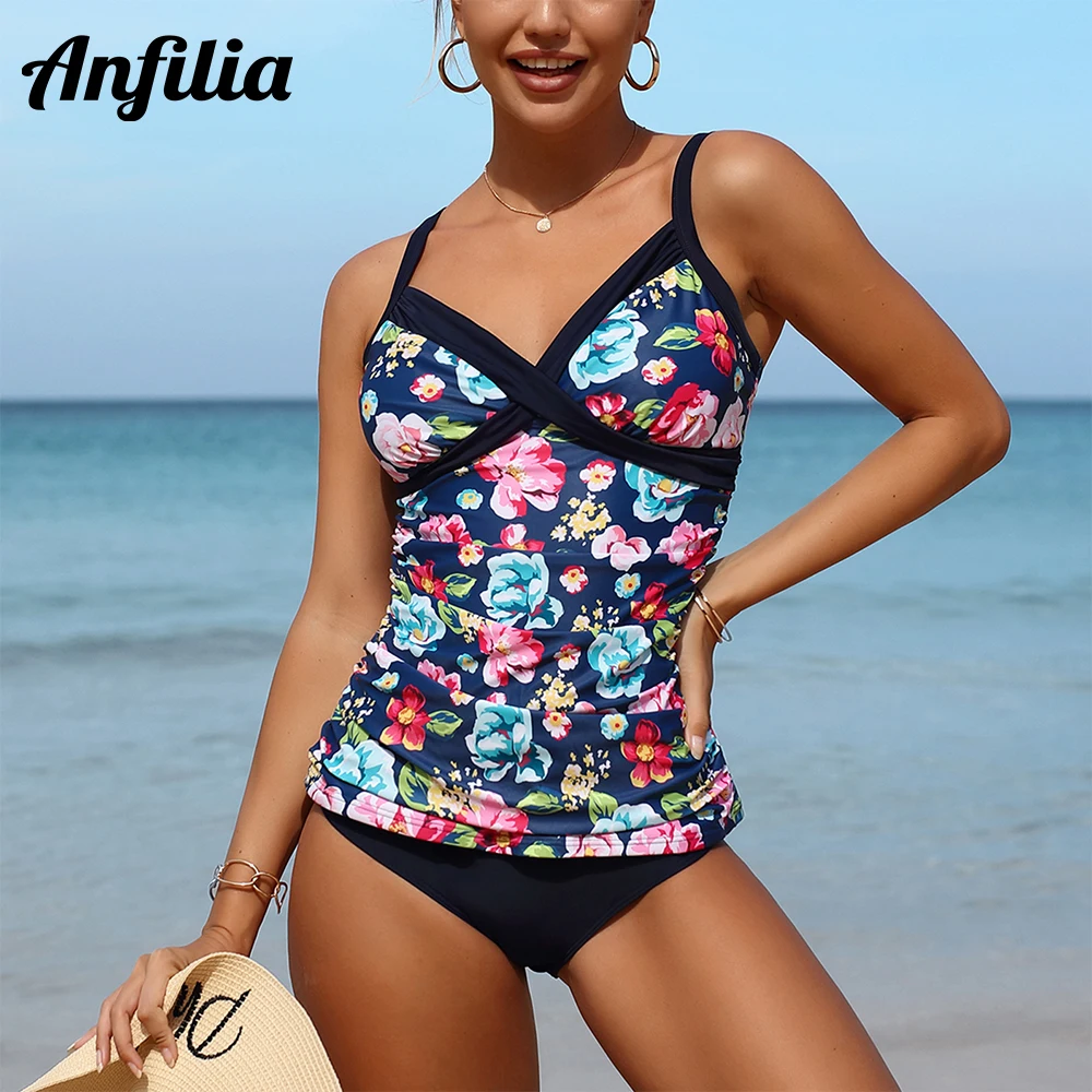 

Anfilia Two Pieces Tankini Set For Women Retro Vintage Flower Print V Neck High Waist Swimsuit