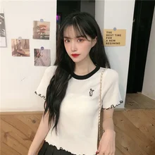 

T-shirts Women Short Sleeve Cartoon Embroidery Lovely Colorful Slim Korean Style Sweet Girls Student Popular Females Fashionable