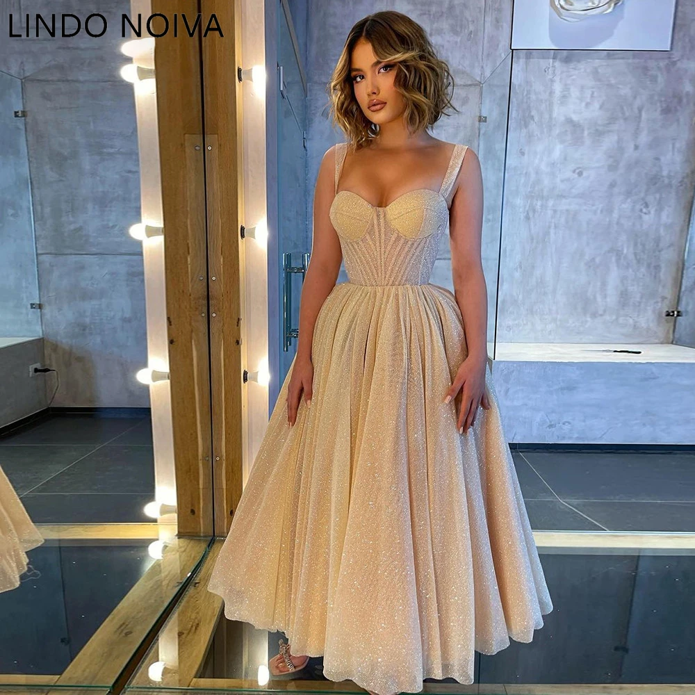 

Champagne Glitter Tulle Midi Prom Dresses Spaghetti Straps Sweetheart Exposed Boning Tea-Length Formal Wedding Party Dress