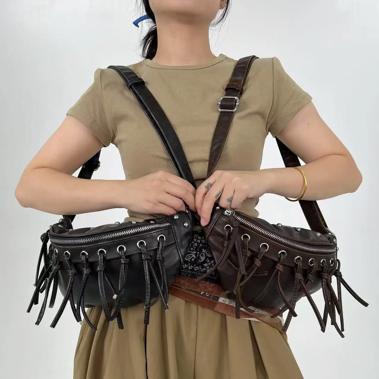 Punk Style Rivets Design chest pack PU Leather Shoulder Bags for Women 2025 Y2K Fashion Luxury Crossbody Bag Female Handbags