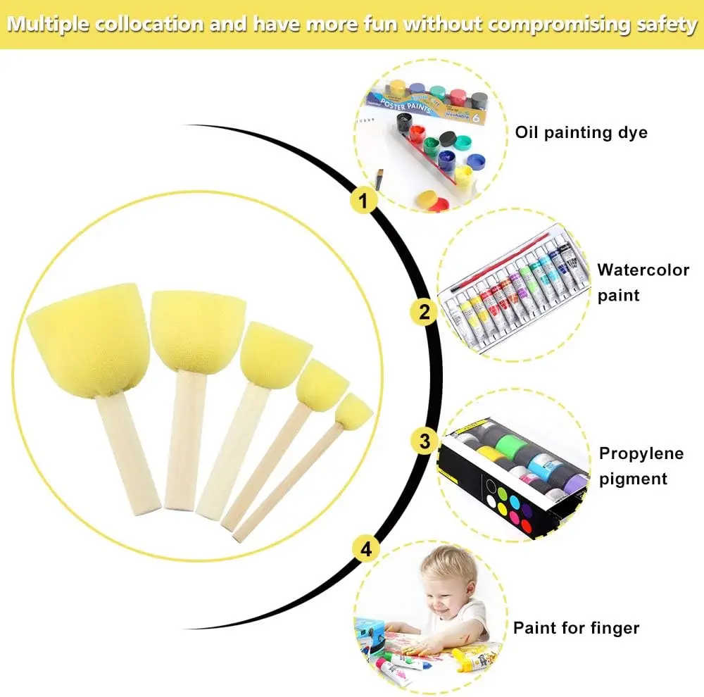 5pcs Round Stencil Sponge Wooden Handle Foam Sponge Paint Brush Foam Brush Painting Tools Drawing Toy for Kids Art Crafts paint brushes