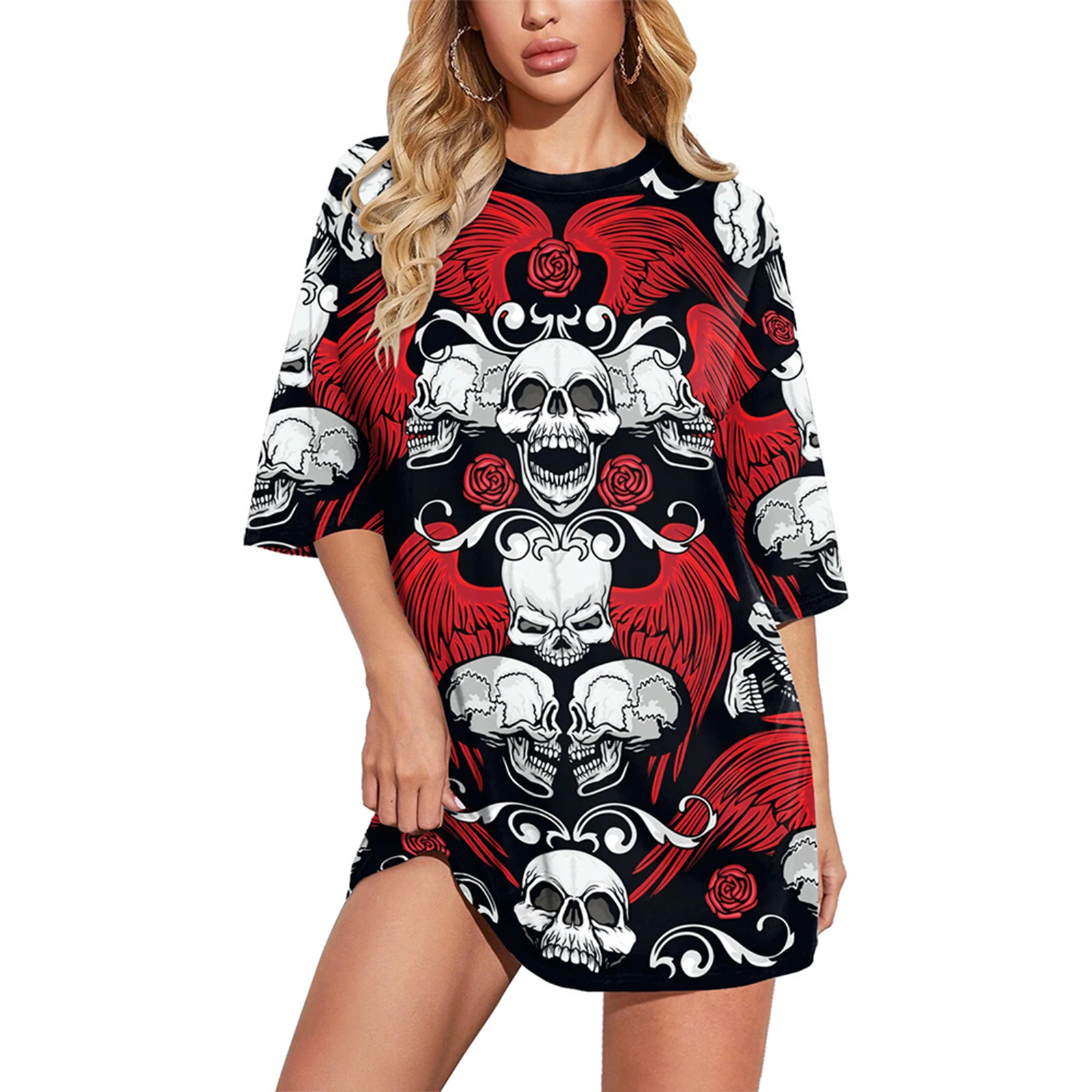 

Women Halloween T-shirt Crew Neck Short Sleeve Skull Flower Print Loose Summer Tops Streetwear