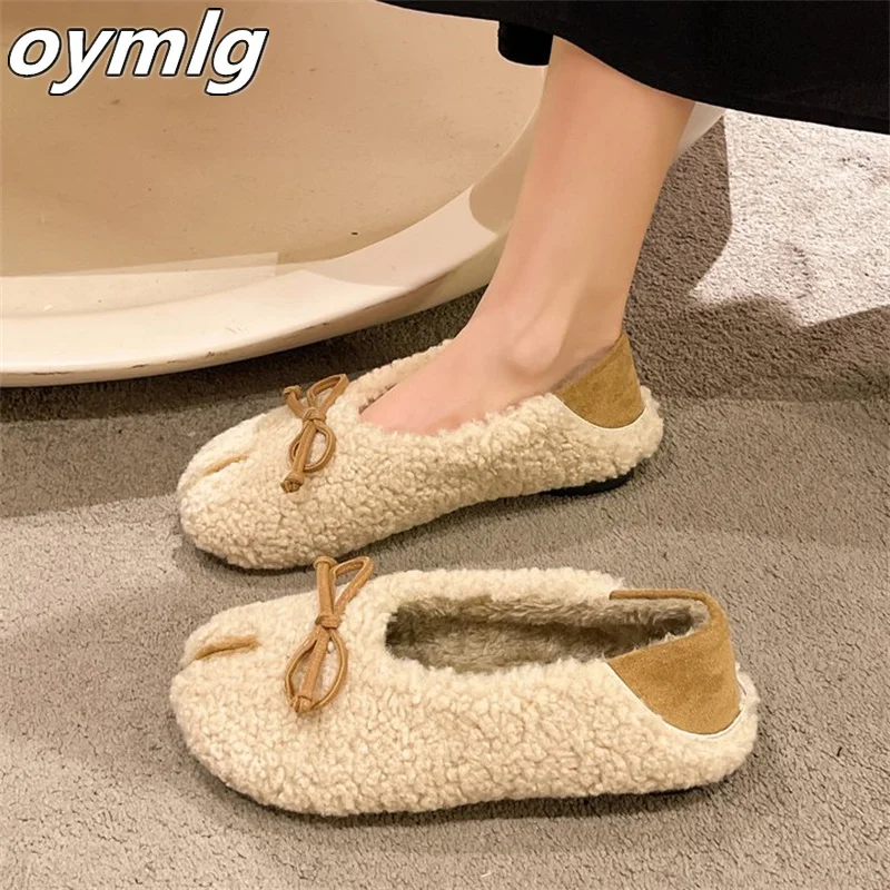 2023 Autumn and Winter New Bow Knot Plush Shoes for Women's Shallow Mouth Plush Double Wear Flat Bottom Plush Warm Cotton Shoes