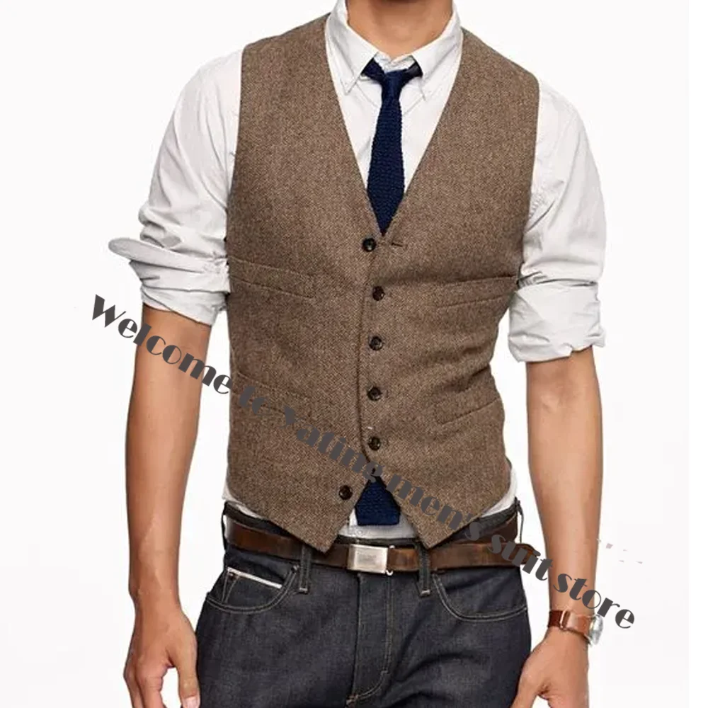 Bristish Groom Vests Brown Wool Herringbone Tweed Groomsmen Vest Mens Suit Prom Wedding Waistcoat Dress Plus Size In Stock