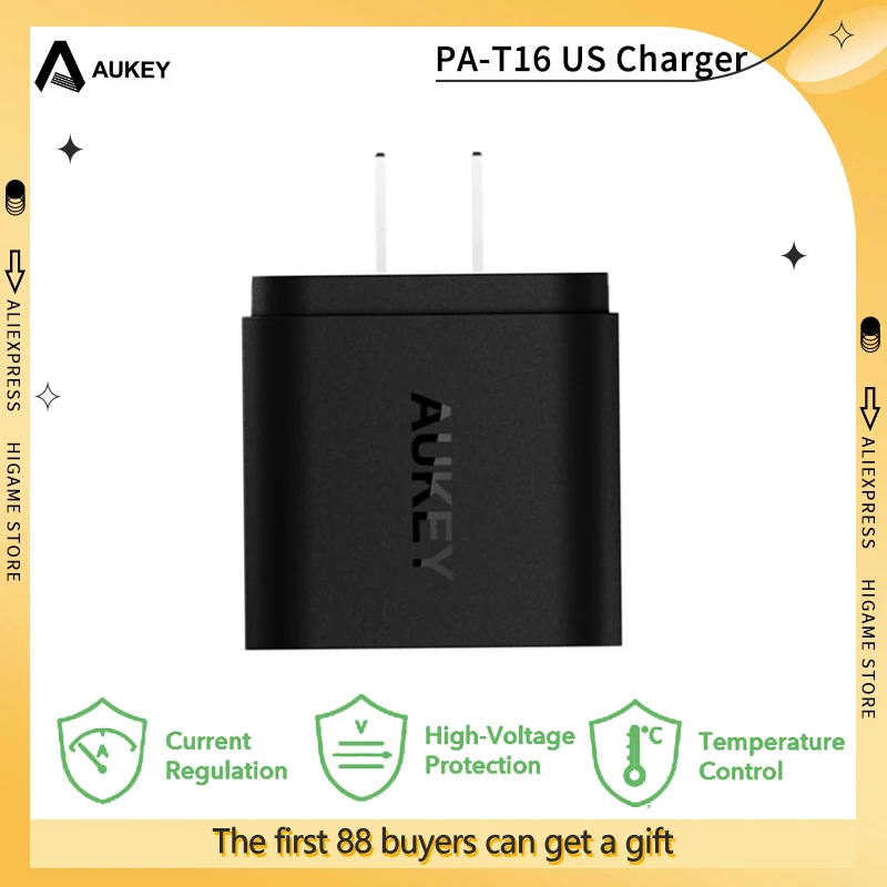 Aukey Pa-T16 36W Us Plug Fast Charger 2Usb Caricatore Da Parete Per Telefono Cellulare 3.0 Dispositivo Per Android Iphone Nintendo Swith