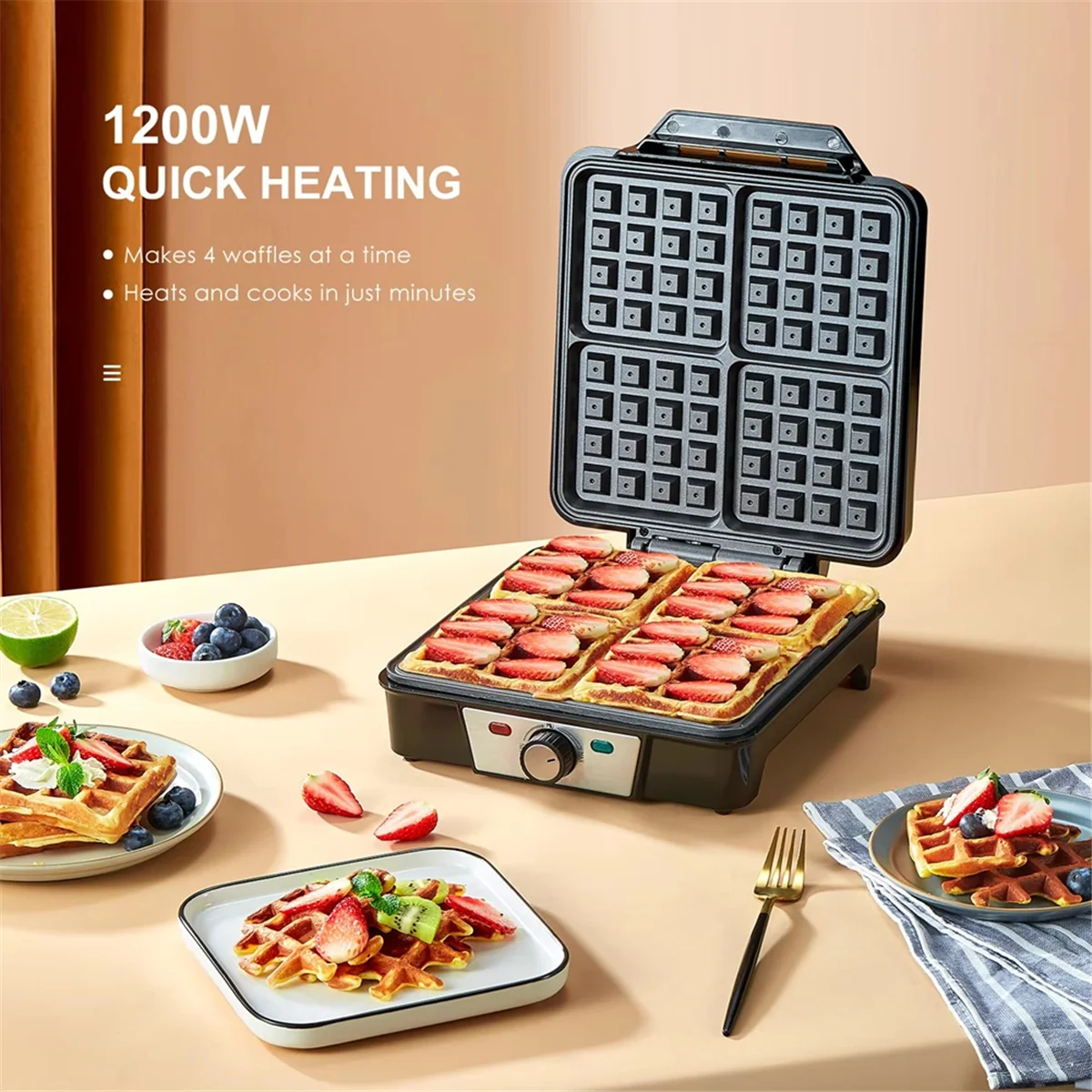 SEMOIC 4-Slice , 1600W Nonstick Iron, Compact Square Design, Double-Sided Heating with Indicator Lights EU Plug