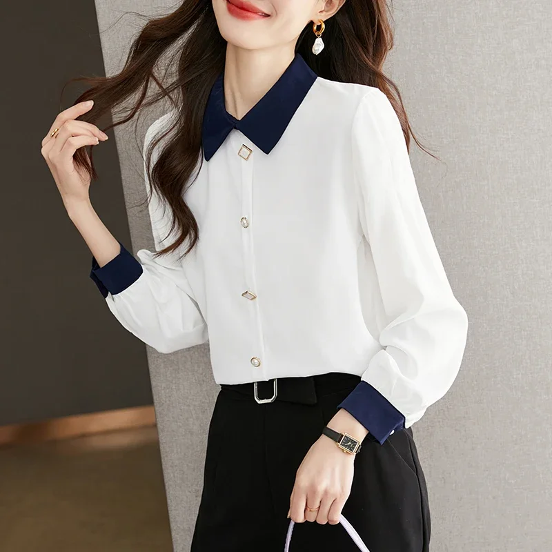 

Chiffon Casual Women's Shirt Loose Fashion Patchwork Blouses Spring/Summer Turn-down Collar Ladies Clothing Long Sleeves Tops