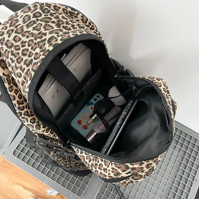 Sac à Dos Léopard Pour Femmes/filles - Léger Et Décontracté - 28x14x38 Cm - Velours Côtelé - Pour Collège, Voyage, Loisirs