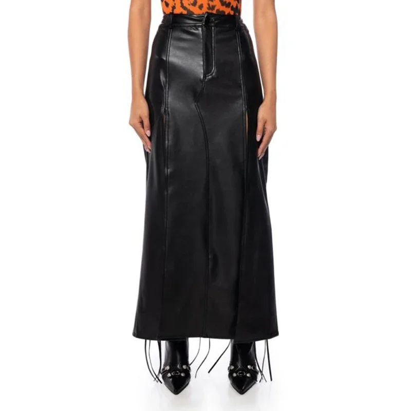 High Waist PU Midi Long Skirt, Black Slim Skirt, Side Opening Fit and Flare, Ankle-Length, Street Wear, Fashion