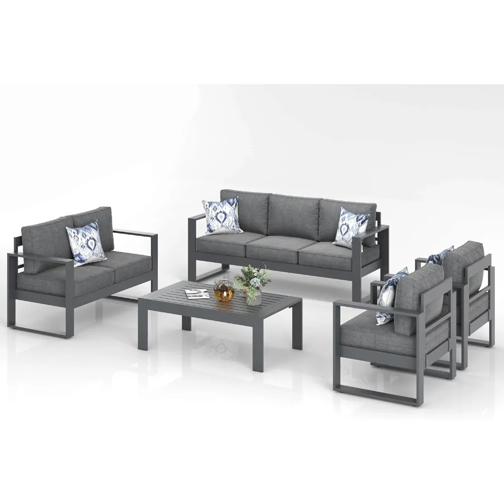 Modern Aluminum Patio Furniture Set,Outdoor Patio Sectional Conversation Metal Seating Sets with Olefin Cushion Coffee Table 2