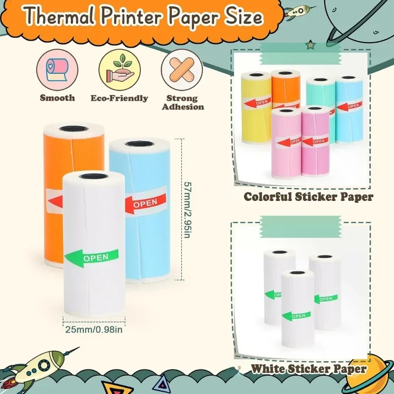 Mini Printer Sticker Paper Thermal Paper Rolls T02/M02 Mini Printer Smooth Color Self-Adhesive Paper 25X57mm Paperang printer sticker paper