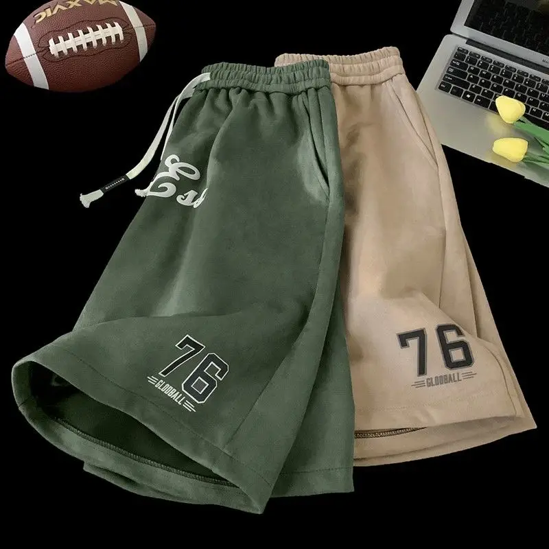 Suede ins trendy brand American shorts men's summer drawstring loose casual shorts street basketball sports pants y2k pants emo