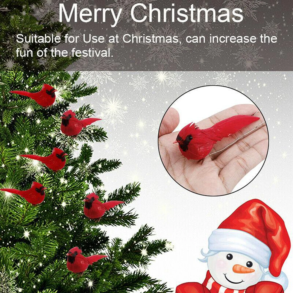 Cardinal Clip-on Christmas Tree Ornaments Set of 10 Cardinals and Metal Clips Attached Small Artificial Birds for Crafts