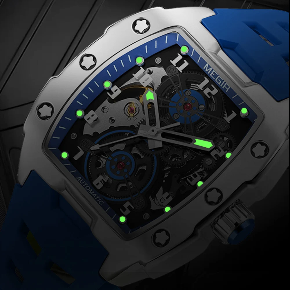 MEGIR Blue Automatic Mechanical Watch for Men Fashion Casual Sport Waterproof Wristwatch Male with Silicone Strap Tonneau Dial - 3