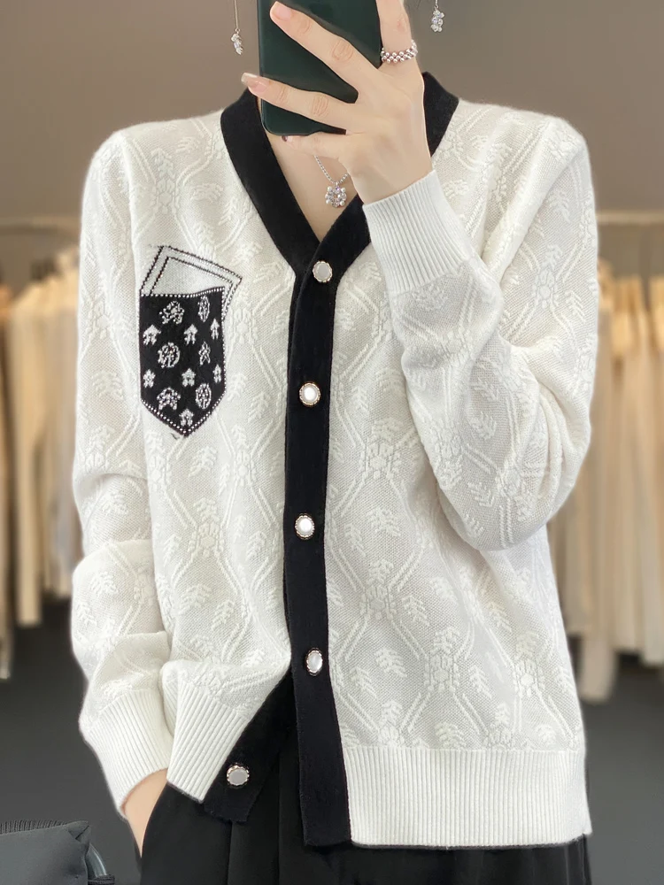 

Новинка весна-осень 2024, женский модный однобортный Кардиган с V-образным вырезом, свитер с соединением, женский свитер, свободный и Повседневный Кардиган