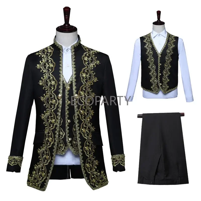 

Mens 3-Piece Suit Medieval Embroidered Jacket Vest Pants European Retro Suit Stage Theater Cosplay King Prince Outfit for Men