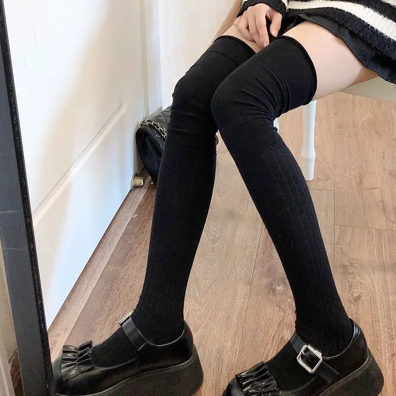 여성용 두꺼운 단색 로리타 양말, 귀여운 JK 허벅지 높이 스타킹, 블랙 화이트 긴 양말, 패션 미디어, 겨울