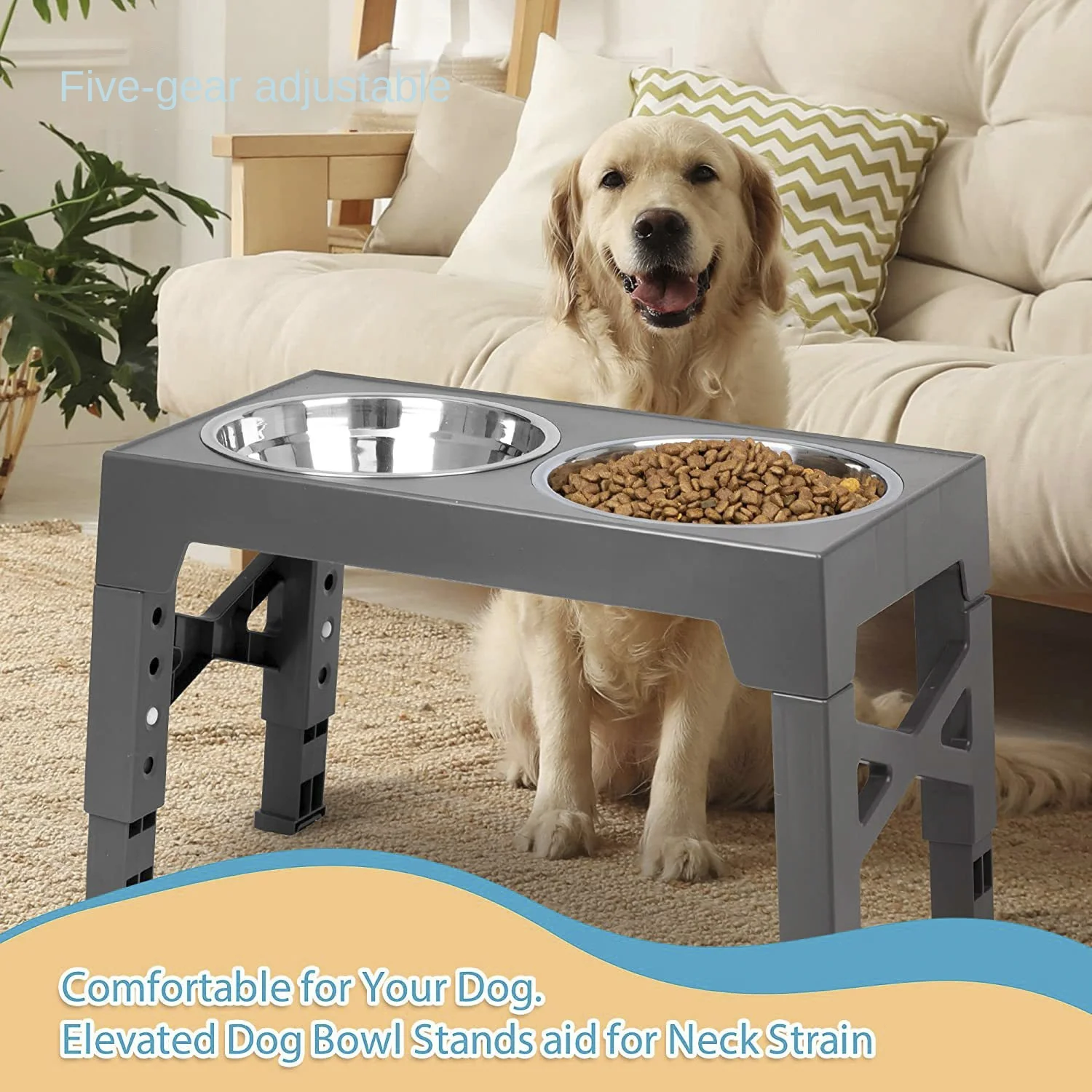 Dogs Double Bowls with Stand Adjustable Height Pet Feeding Dish