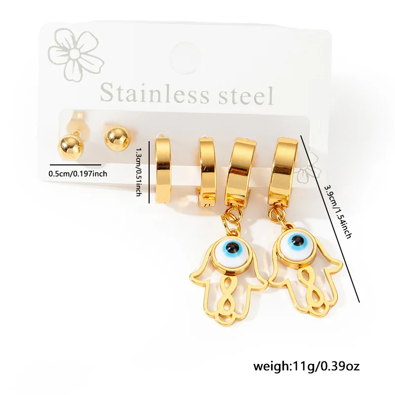 Chic Stylish Trendy 18K Gold Plated Stainless Steel Blue Turkish Eyes Earrings Jewelry 3Pair/Set Earrings For Women 6