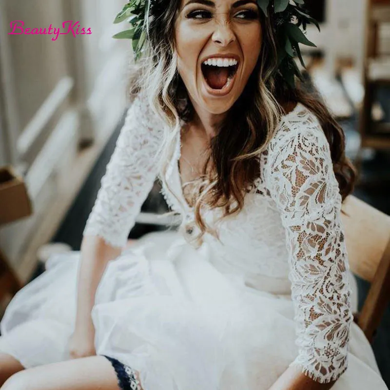 Two Pieces Boho Wedding Dress 3/4 Long Sleeves A-Line White Ivory Lace Princess Beach Bride Wedding Gowns
