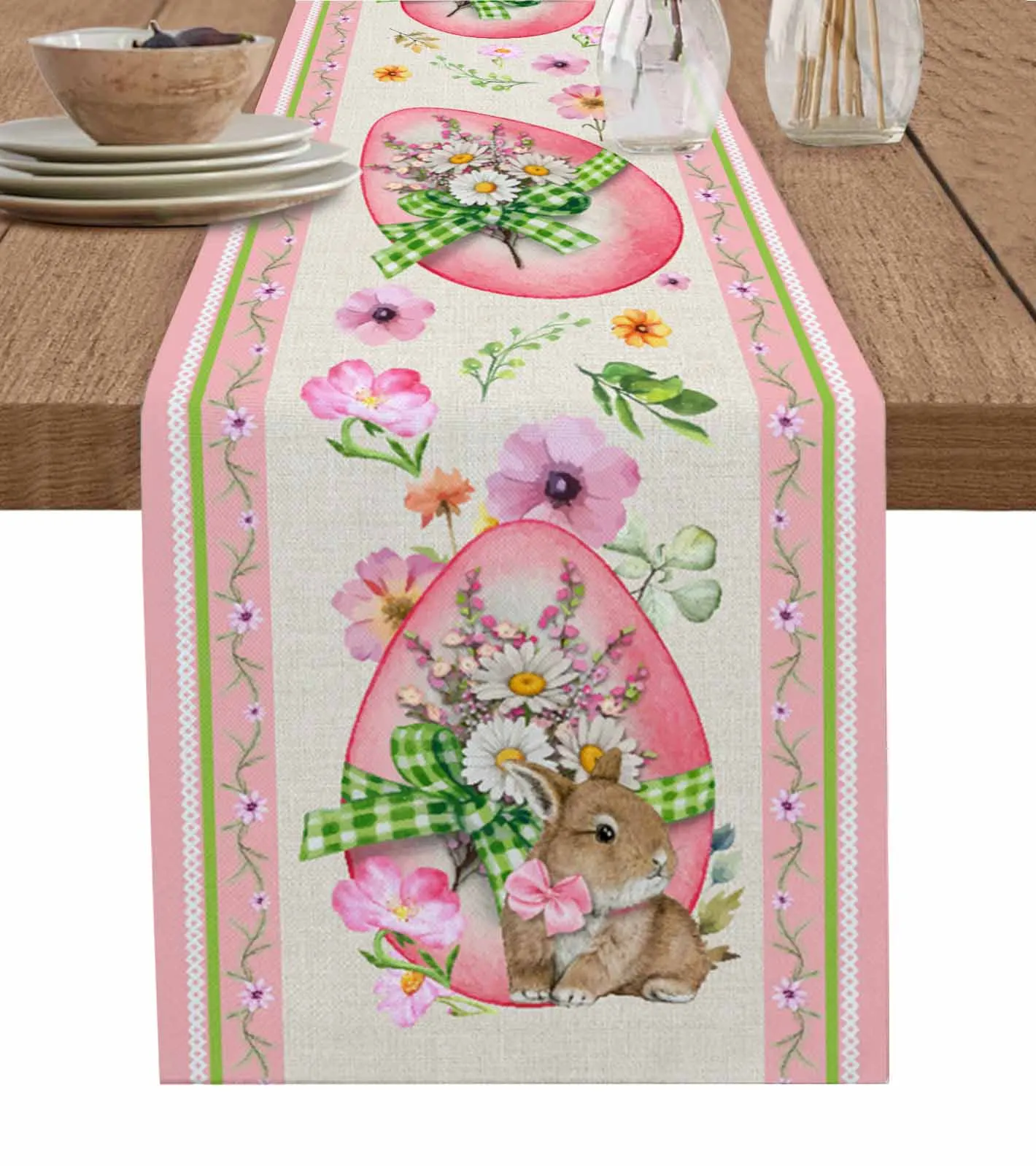 

Easter Egg Bunny Floral Watercolor Pink Vintage Linen Table Runner Kitchen Table Decoration Tablecloth Wedding Party Decor