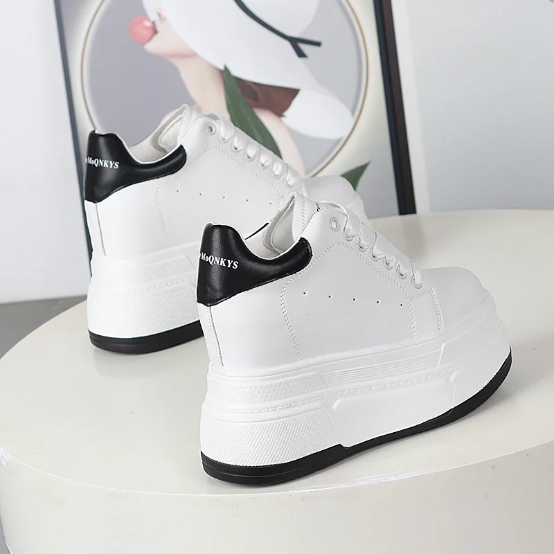 10CM 12CM 암소 ??가죽 패션 두꺼운 단독 발목 부츠 Vulcanize 레이스 업 가을 봄 숨겨진 발 뒤꿈치 신발