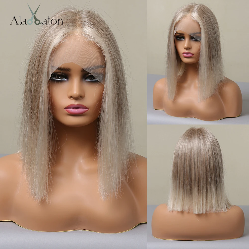

ALAN EATON Blonde Highlight Lace Wig Ash Grey Synthetic Lace front Wigs for Women Afro Natural Hair Bob Wig Straight Wig Cosplay