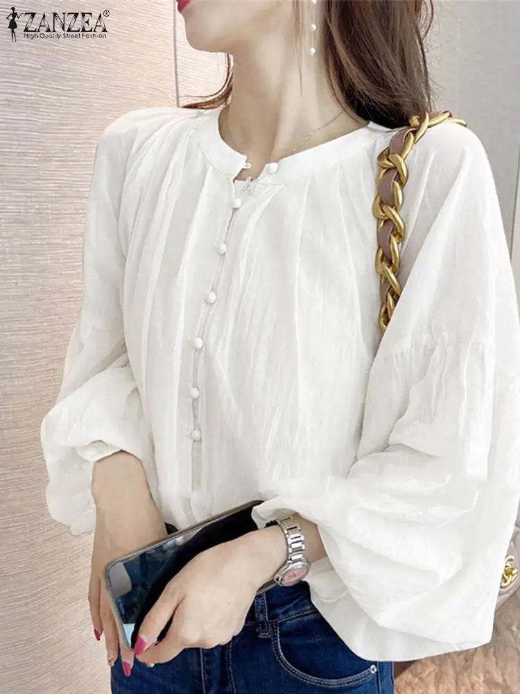

Женские однотонные рубашки, блузки, модные топы на пуговицах, Элегантная блузка ZANZEA с длинным рукавом-фонариком, весна 2024, стильная рубашка оверсайз