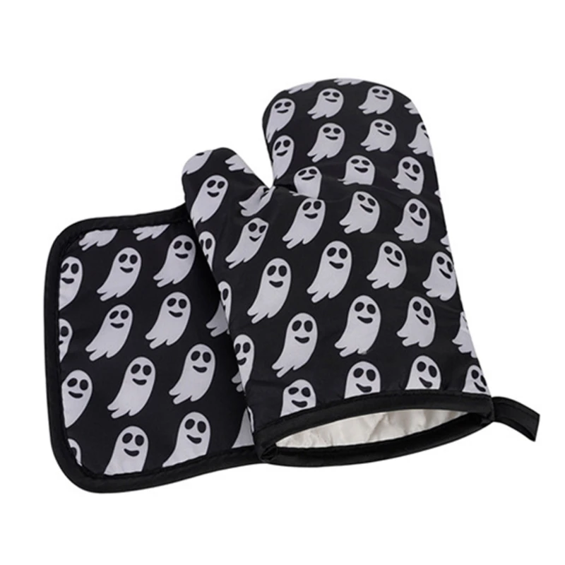 Heat Resistant Oven Mitts Pot Holders Halloween Style with Non-Slip Surface Safe for Baking Cooking Barbecue for Kitchen B03E