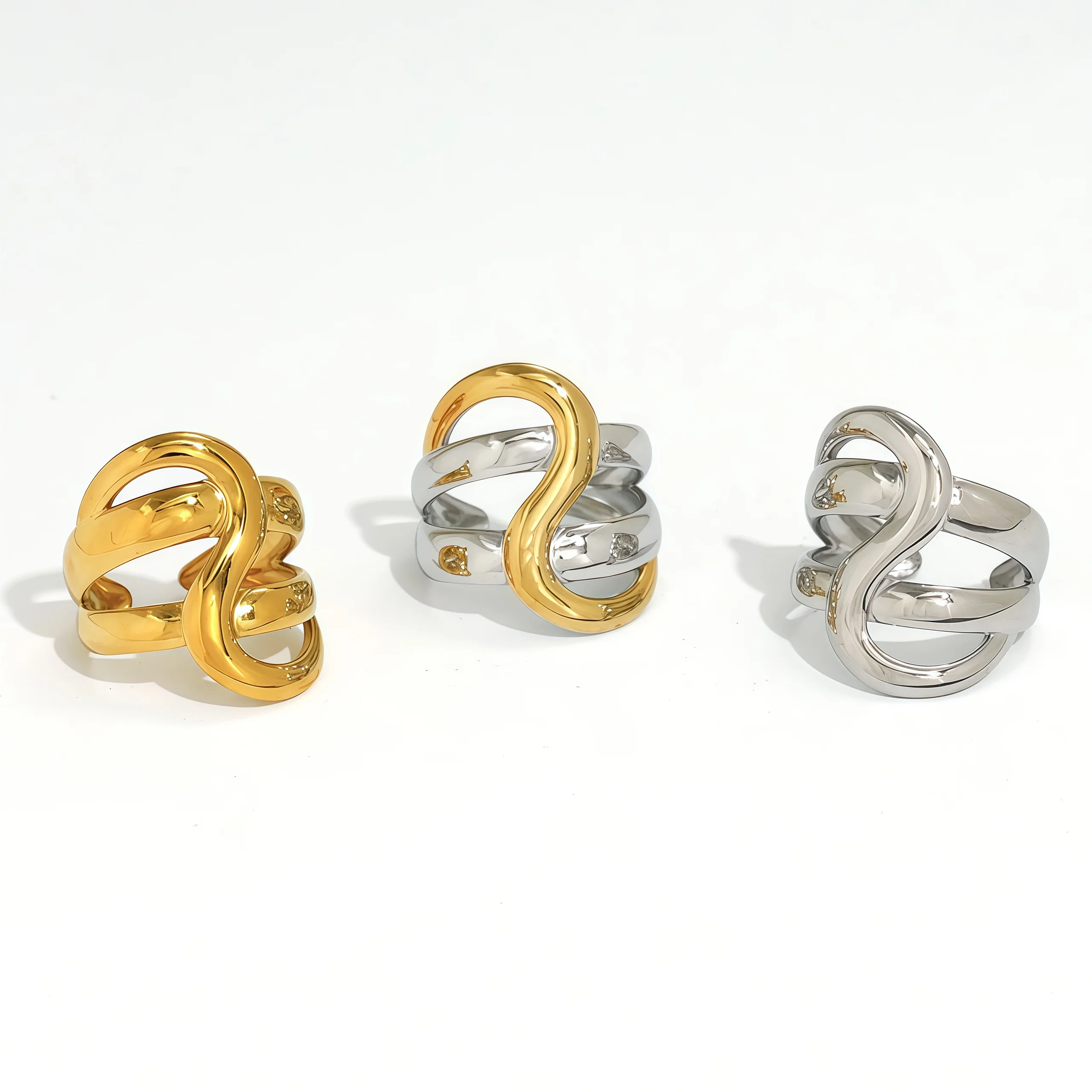 Neues Design, doppellagiger geometrischer Knotenring, 18 Karat vergoldeter Edelstahl, Alltag, trendiger Damenschmuck, 2025 für den täglichen Gebrauch – Detail 8