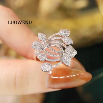 LUOWEND 18K White Gold Rings Creative Cross Design 1.0carat Real Natural Diamond Engagement Ring for Women High Party Jewelry