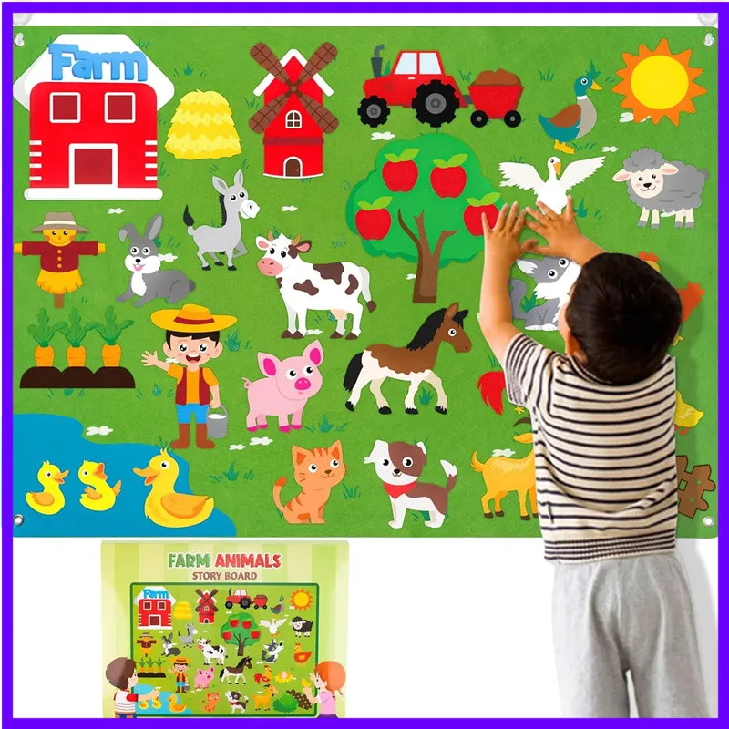 Kids Felt Story Board Set Toy Farm Animals Themed Storytelling Early Learning Interactive Play Game Gift for Toddlers