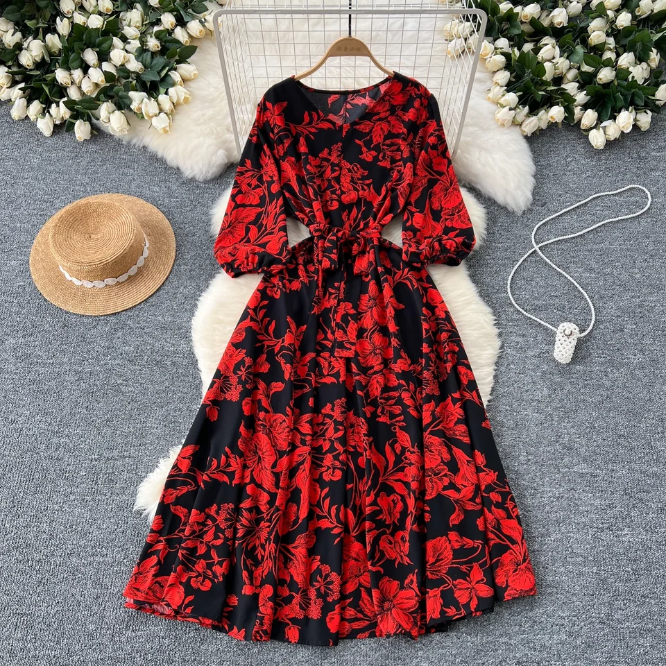 Boho Flowy Maxi Dress For Women - Printed V Neck Puff Sleeve Beach Sundress