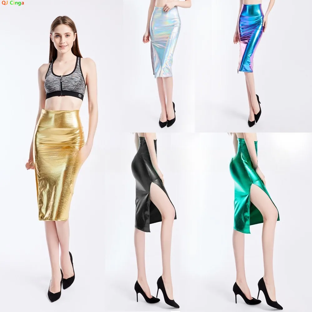Gold Women's Shiny Knee-length Skirt, Asian Sizes, Available in Blue, Silver, and Black.