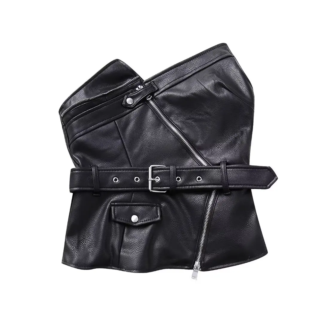 

Women New Fashion Belt decoration Cropped Asymmetric Faux leather Tight Tops Vintage backless Zipper Female Waistcoat Chic Tops