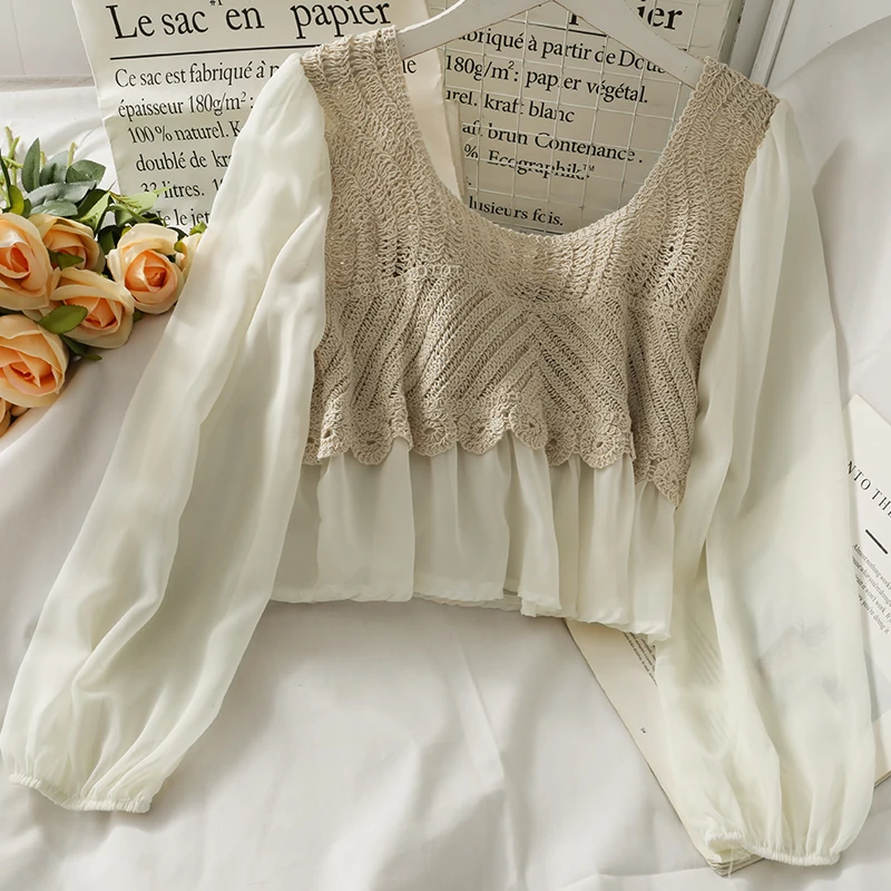 Crochet Top With Chiffon Flower Embroidery Long Sleeve Blouse Square-Neck Fake Two-Piece Spring Summer Blouse блузка женская