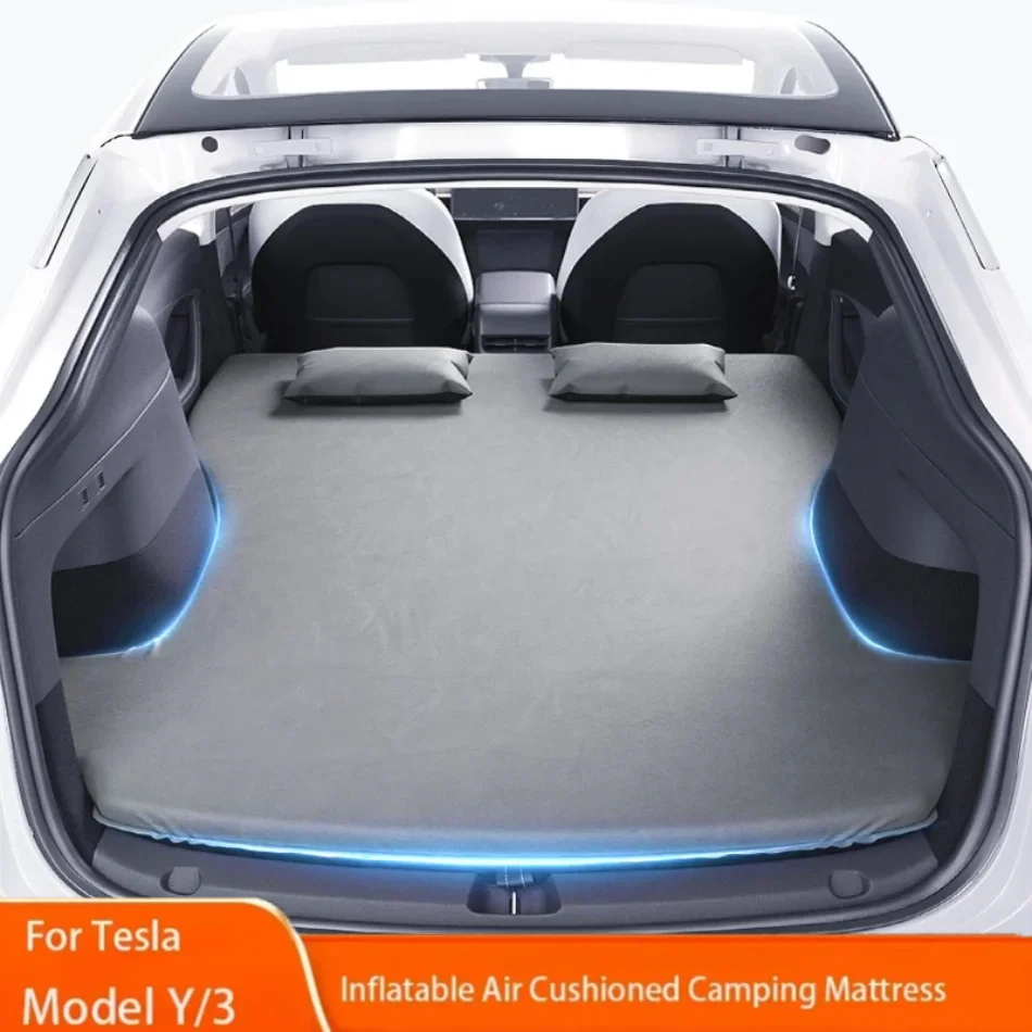 For Tesla Model 3-Model Y-Outdoor Camping Inflatable Air Cushion Suede Cloth Car Travel Bed Accessories