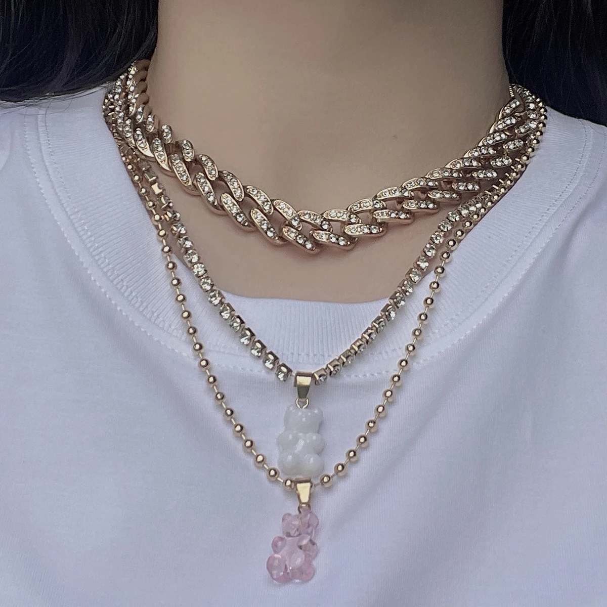

New Colorful Candy Gummy Bear Cartoon Pendant Necklace for Women Bling Rhinestone Tennis Chain Trendy Jewelry Accessories Gift