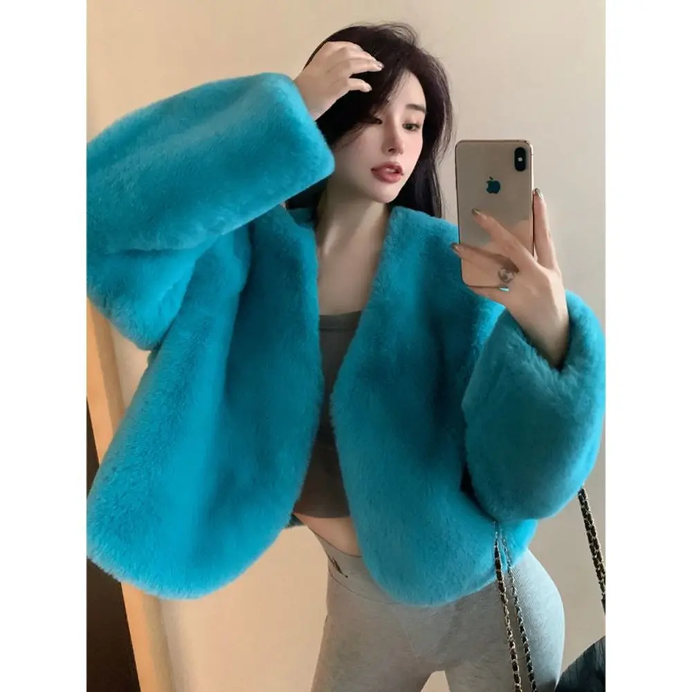 Winter Korean Chic Faux Fox Fur Coat Women Cropped Jacket Solid Cardigan Short Outerwear Y2k Evening Party Gowns Long Sleeve