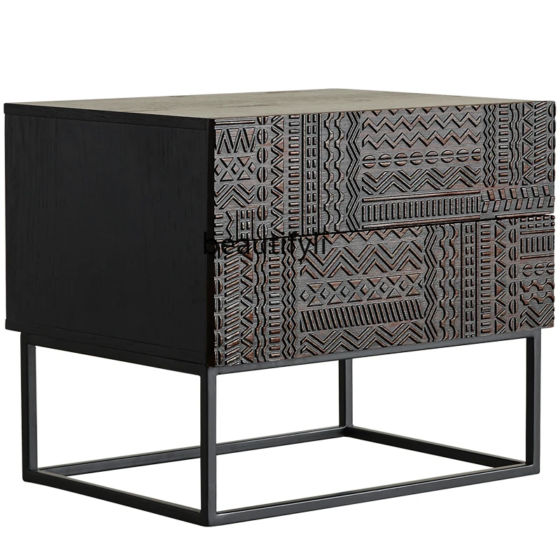 

Nordic Vintage Teakwood Chest of Drawers Solid Wood Carved Bedside Table Double Drawer Storage Cabinet Sofa Side Cabinet