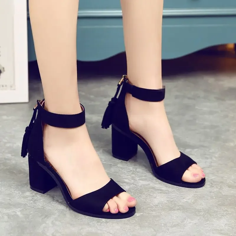 

Ladies Shoes Sandals for Women One Word Summer 2024 with Medium Heels Zip Pumps Footwear Block Heel Korea Wholesale Daily Sale H