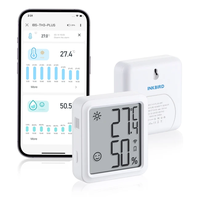 INKBIRD WiFi Digital Indoor Monitor Set, Bluetooth Temperature and Humidity  Monitor with 3 Sensors, White, Large LCD Multi-Channel Display for Home