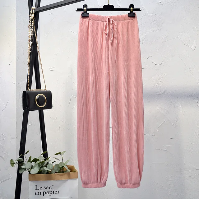 Spring/summer 2021 new ice silk chiffon pleated pants women high waist drop feeling loose-fitting lantern pant thin casual pants Shrink feet -Pink